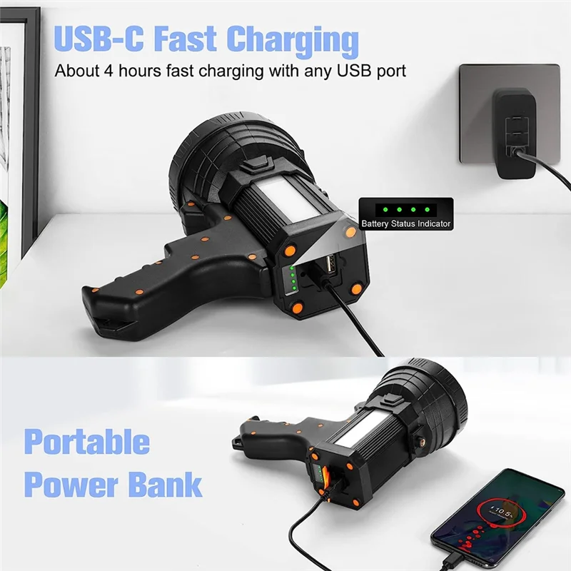 2Z-Rechargeable Spotlight Super Bright Spotlight LED Flashlight Handheld Spotlight 9600Mah Long Lasting Flashlight Searchlight