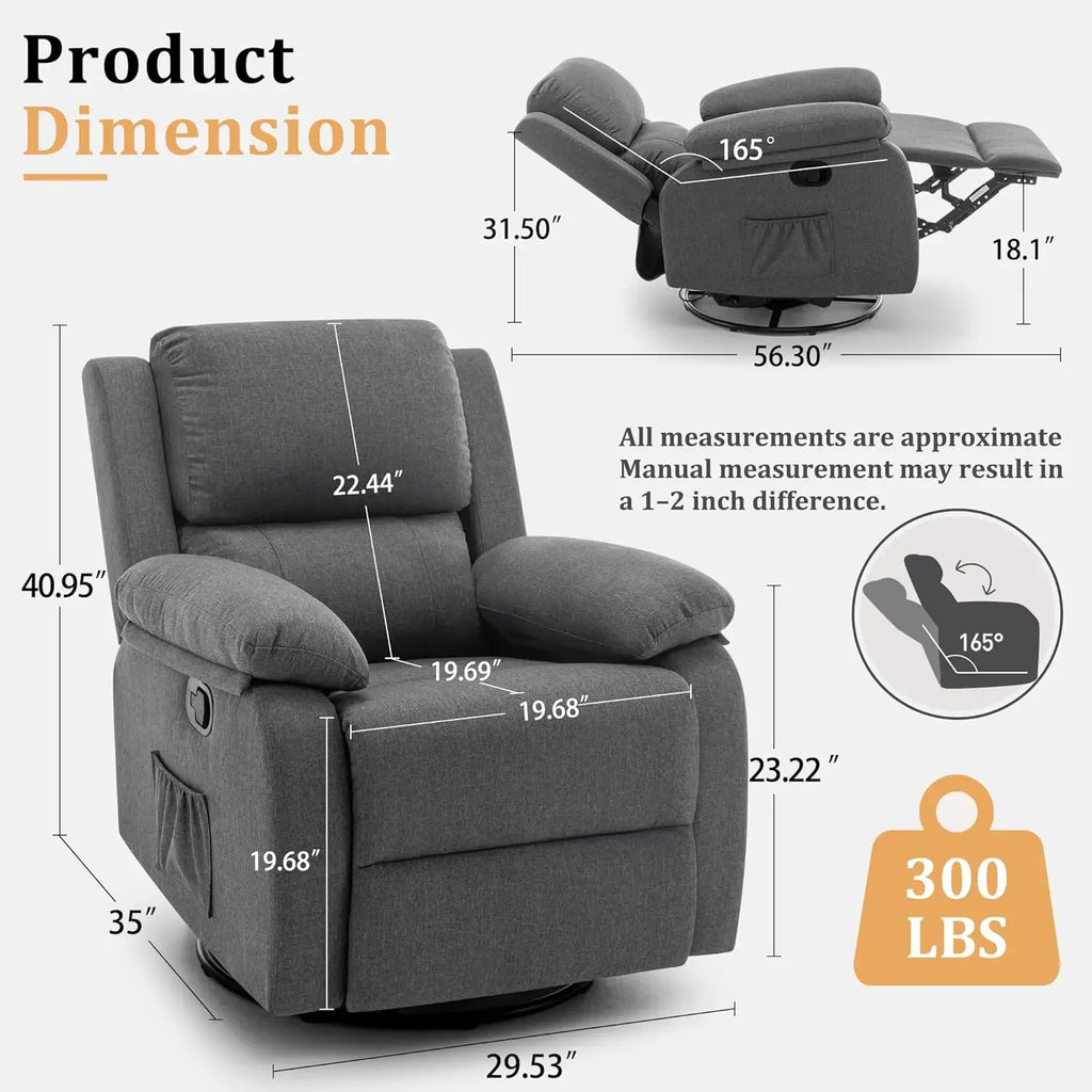 Recliner Chair, 360 Swivel Rocker Chair for Adults, Small Rocking Recliner for Small Spaces, Upholstered Fabric Glider Recliner