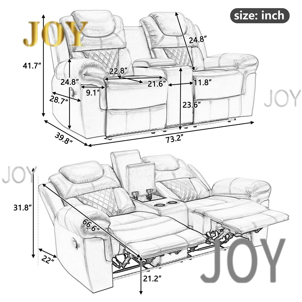 #￥Couple Manual Reclining Sofa Chair 2-seat Black Faux Leather Smart Electric Sofa Recliner Chair Supplier with Cup Holder LED
