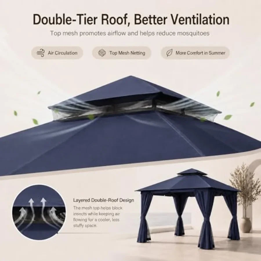 10'x13' Outdoor Gazebo, Heavy Duty Metal Patio Canopy Tent Shelter with Double Roof, Mosquito Netting and Privacy Curtains for
