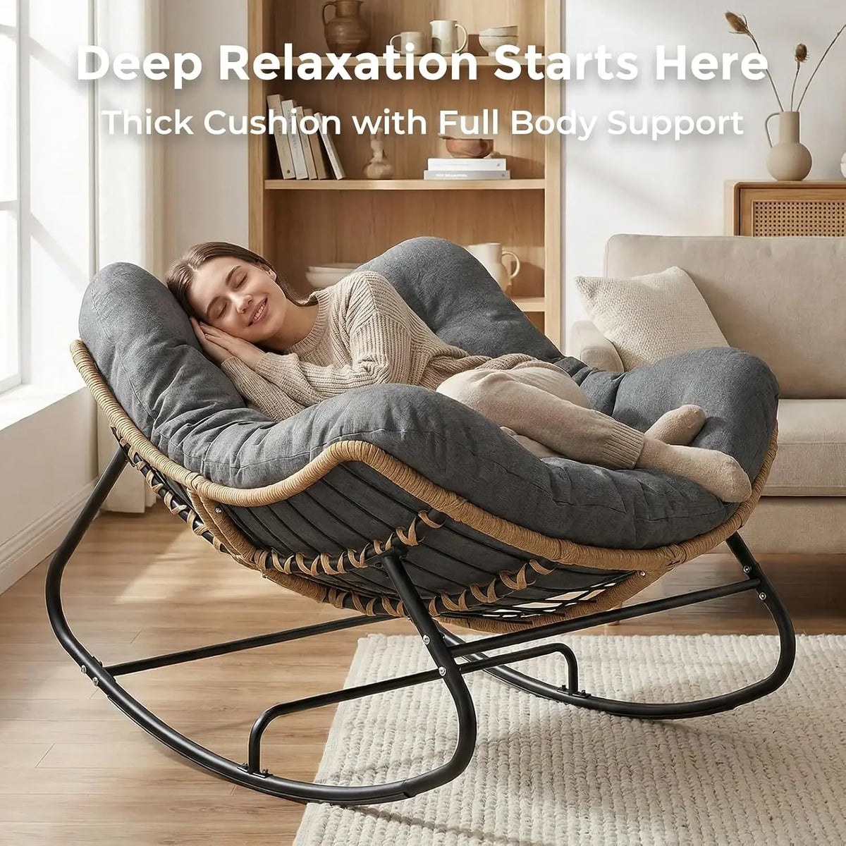 Papasan Rocking Chair Outdoor, Oversized Patio Egg Chair with Thick Cushion, Indoor Wicker Lounge Rocker Bed for Balcony, Porch,