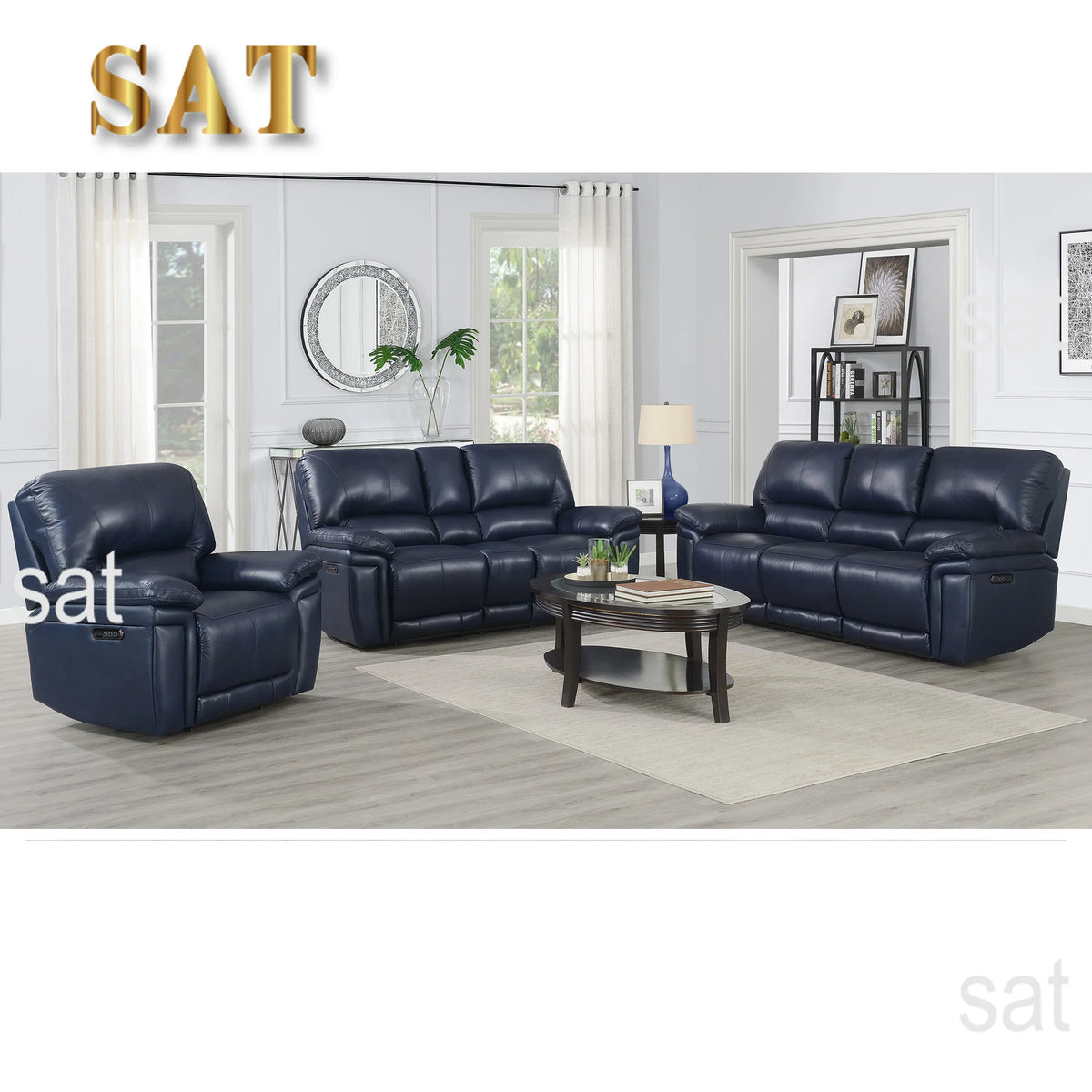 #Luxury Comfort Blue Grey Genuine Leather Extendable Power Reclining Living Room Sofa Set Furniture Modern Workshop