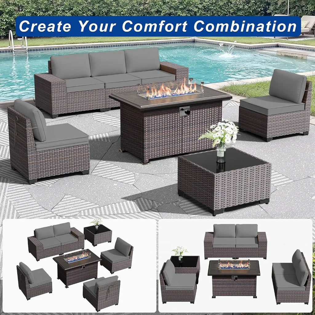 Outdoor Sectional Sofa Set w/Gas Fire Pit, 7 Pieces PE Wicker Patio Furniture, 43in Propane Table, Grey, Customized