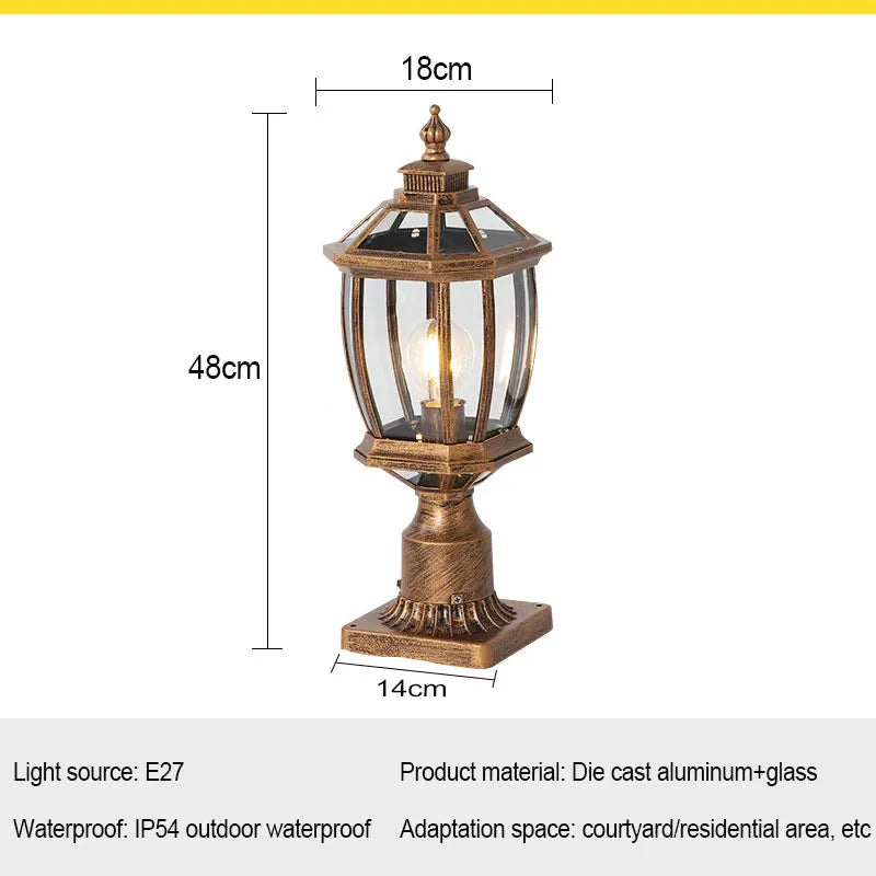Waterproof Gold Garden Landscape Column Light Outdoor Door Post Porch Light with Glass for Villa Decor