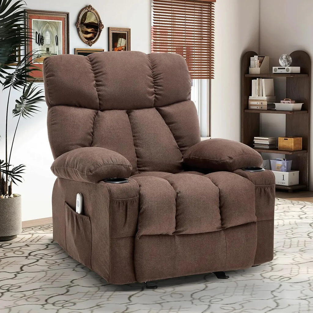 Brown Massage Recliner Chair Rocker Lazy Chair Vibration Heat Fabric Ergonomic Manual Nursery Chair Living Room Side Pocket Cup