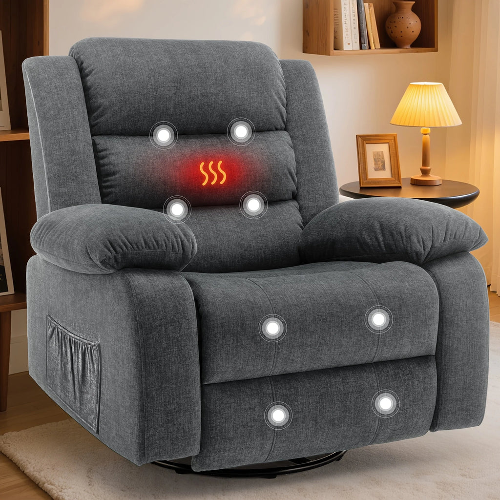 Rocking Chair with Massage And Heating Function, 360° Rotating Extra Large Recliner, Wide Rocking Chair for Adults with Side Poc