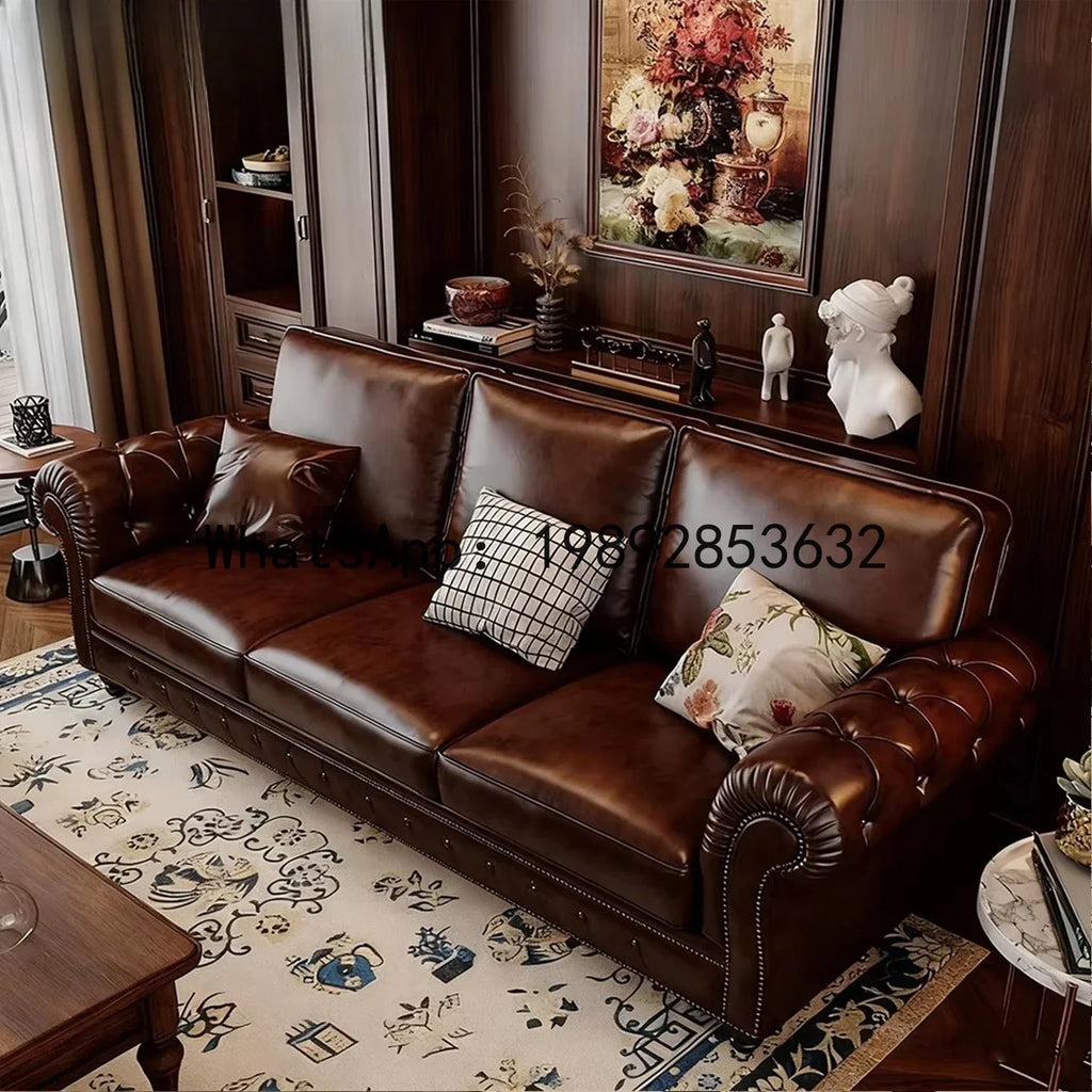 4-10 genuine leather sofa, living room 3-4 seater sectional, vintage oil wax leather brown straight sofa