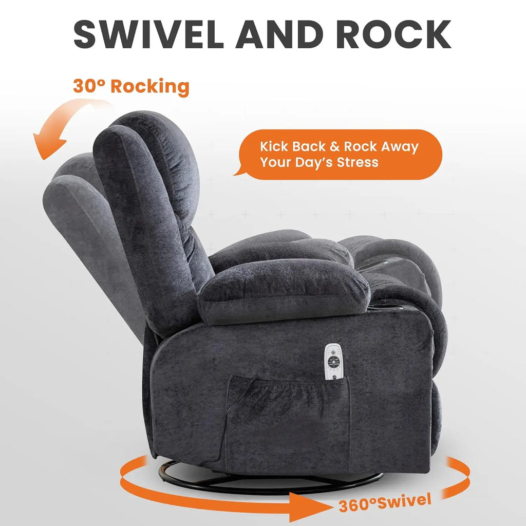 Swivel Recliner Chair w/ Massage & Heat, Rocker, Side Pocket & 2 Cup Holders, Living Room, Customized