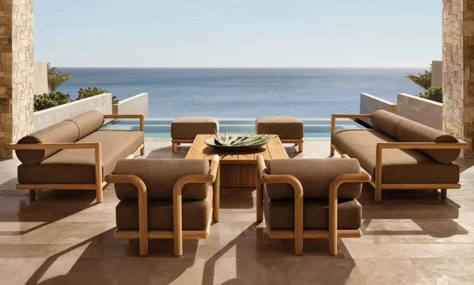 #New Design Round Leg Teak Wood Eco-Friendly Outdoor Sofa and Chairs Set with Thick Cushions for Garden/Courtyard/Park