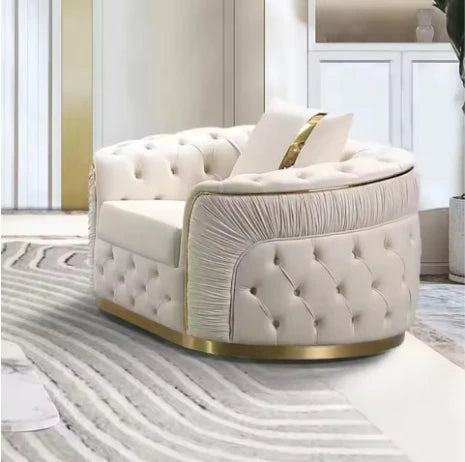 Luxury Chesterfield Sectional Sofa Set with Cloth Buttons and Fabric Modular Couch with Gold Stainless Steel Base, 3-seater Sofa