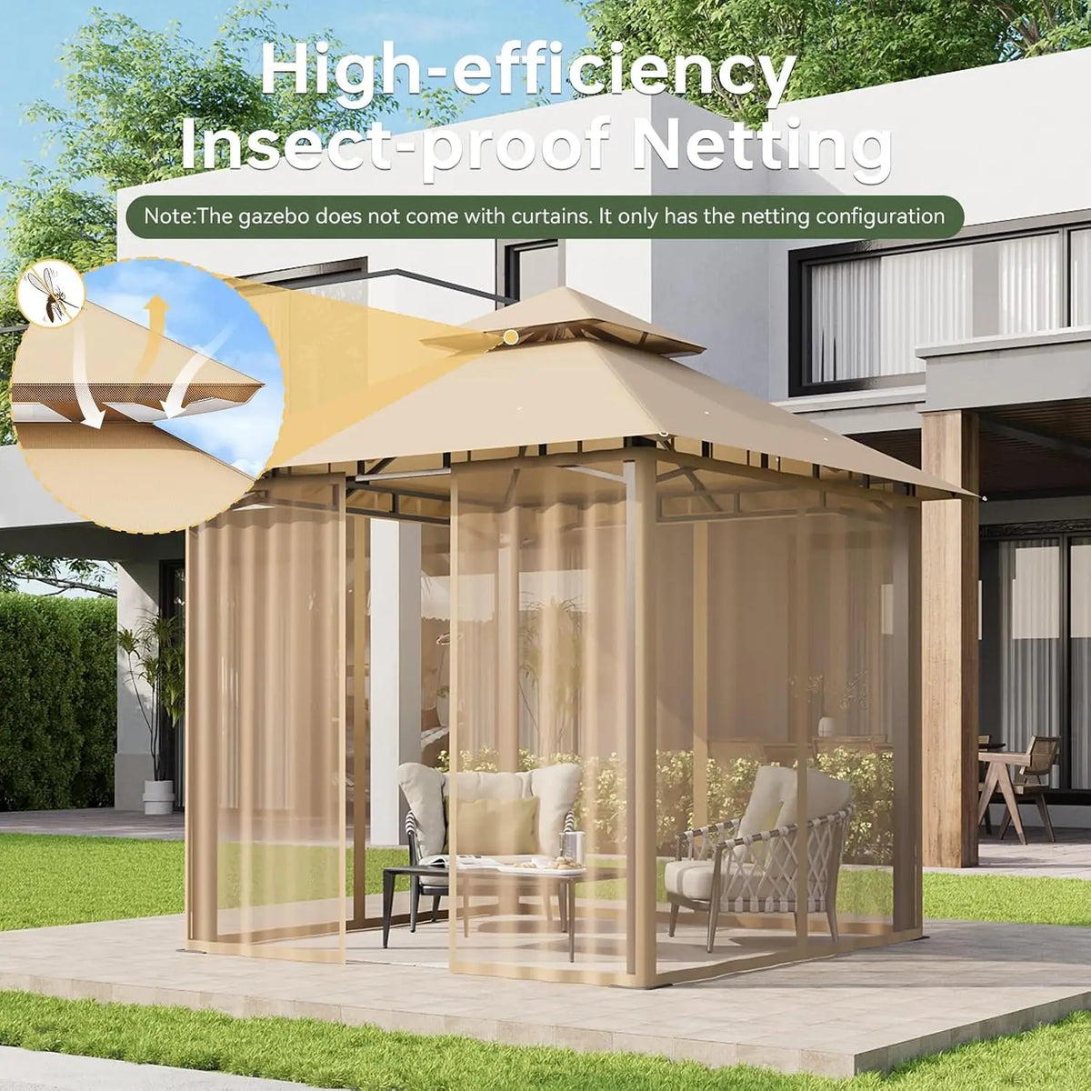 8'x8' Gazebo with Double Roof & Mosquito Netting, Beige, Customized