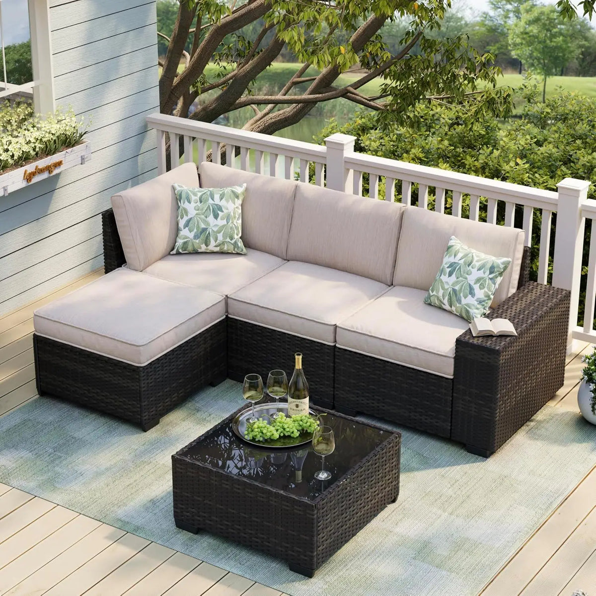 5Pcs Rattan L Shaped Patio Furniture Set,Outdoor Sofa With Waterproof Cushions&Coffee Table For Garden, Custom