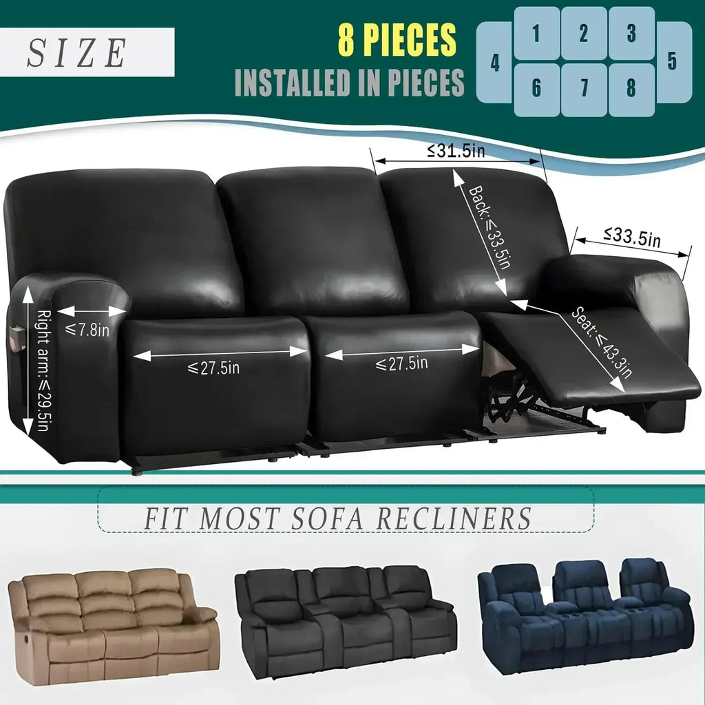 1/2/3 Seat Waterproof Recliner Sofa Cover PU Armchair Leather Cover Solid Elastic Color Relax Single Sofa Slipcovers Home Hotel