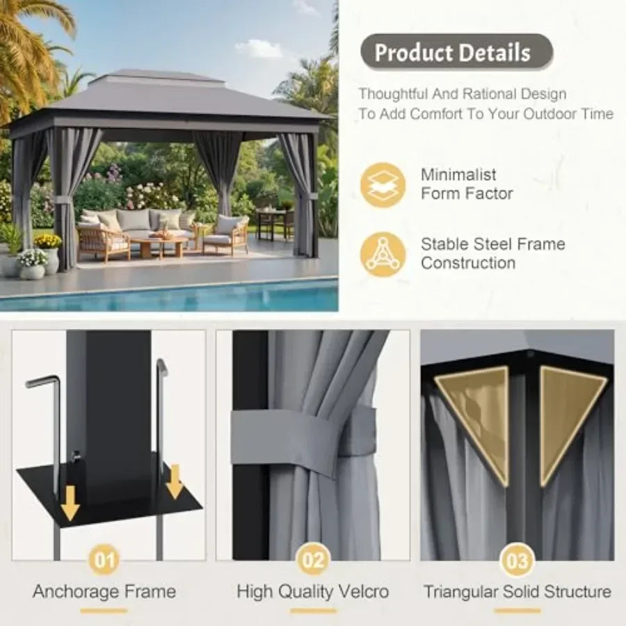 Outdoor Gazebo for Patio 10'x 13' Heavy Duty Metal Fe  with Expansion Bolts Double Roofs Party Tent Shelter with Mosquito Netti