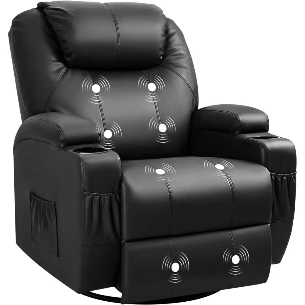 Black Leather Swivel Rocking Recliner Chair with Massage and Cup Holders for Living Room, Bedroom, or Nursery