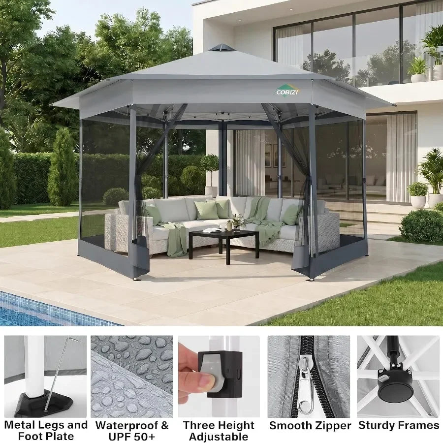 16x16 Pop Up Gazebo with Mosquito Netting, Hexagonal Screened Canopy