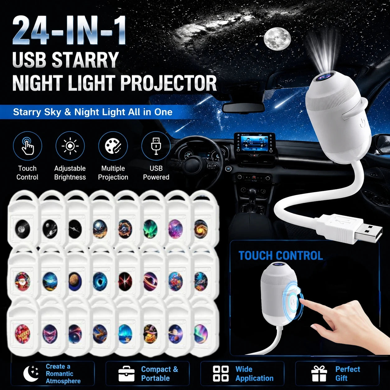 USB galaxy Projector Night Light 2-in-1 Mini Galaxy 360° Rotate Touch Control LED Starry Sky Ambient Lamp For Bedroom Car