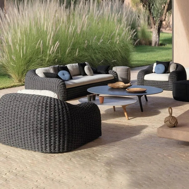 Outdoor sunscreen PE rattan rope sofa set with waterproof seat cushion Nordic design U-shaped removable garden furniture