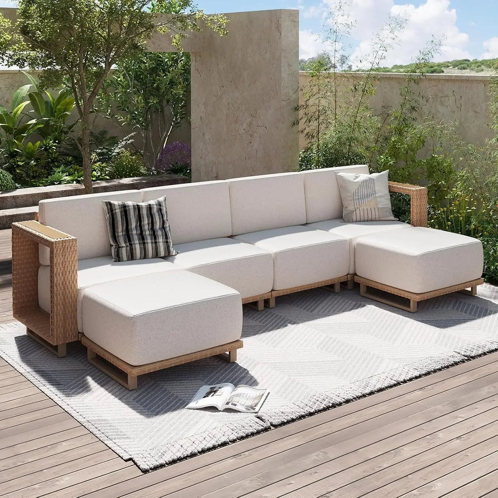 Aoxun Patio Furniture Set, 6 Piece Outdoor Wicker Sofa, Yellow/Beige | All‑Weather Rattan Modular Sofa with 10'' Ultra‑Thick Cus