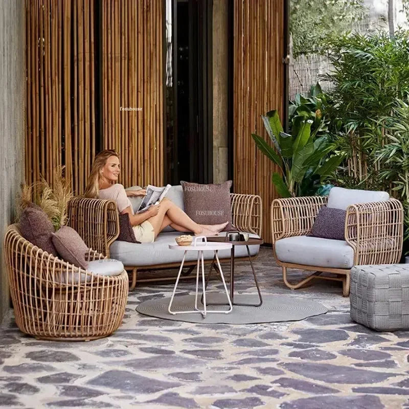 Modern Rattan Garden Sofa Set Outdoor Patio Furniture Leisure Lounge Couch Wicker Balcony Villa Single Seat Lazy Chair