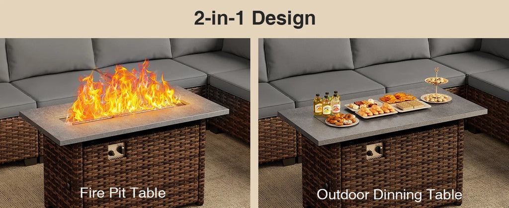 Qsun 8 Pieces Outdoor Patio Furniture Set with 44.9" Fire Pit Table, All-Weather Wicker Outdoor Patio Sectional Set with Coffee