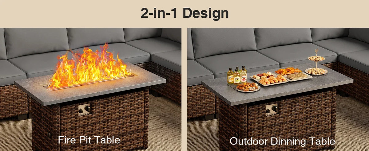 Qsun 8 Pieces Outdoor Patio Furniture Set with 44.9" Fire Pit Table, All-Weather Wicker Outdoor Patio Sectional Set with Coffee