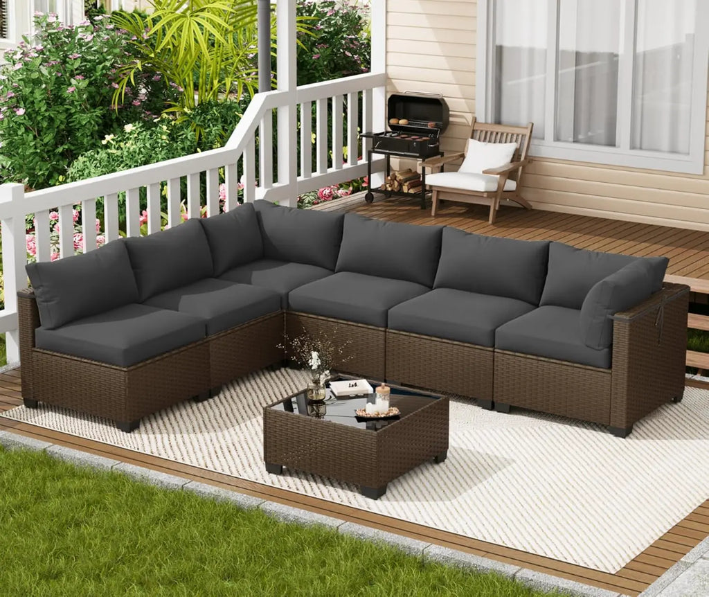 7 Piece Wicker Rattan Patio Conversation Set, Outdoor Sectional Sofa, Custom
