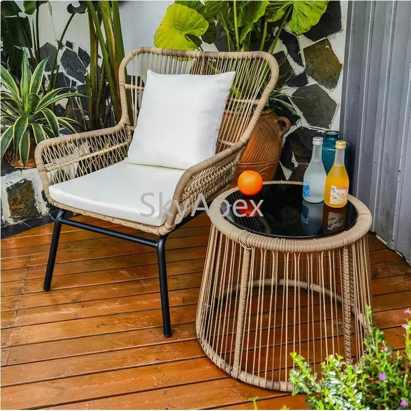 Modern 3-Piece 2-Seater Comfortable Metal Frame Rattan Wicker Chair and Table Set  For Outdoor Balcony Courtyard Apartment Patio