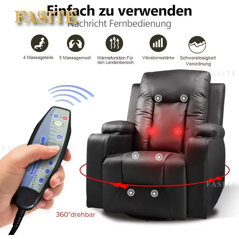 Leather Recliner Chair Modern Rocker with Heated Massage Ergonomic Lounge 360 Degree Swivel Single Sofa Seat with Drink Holders