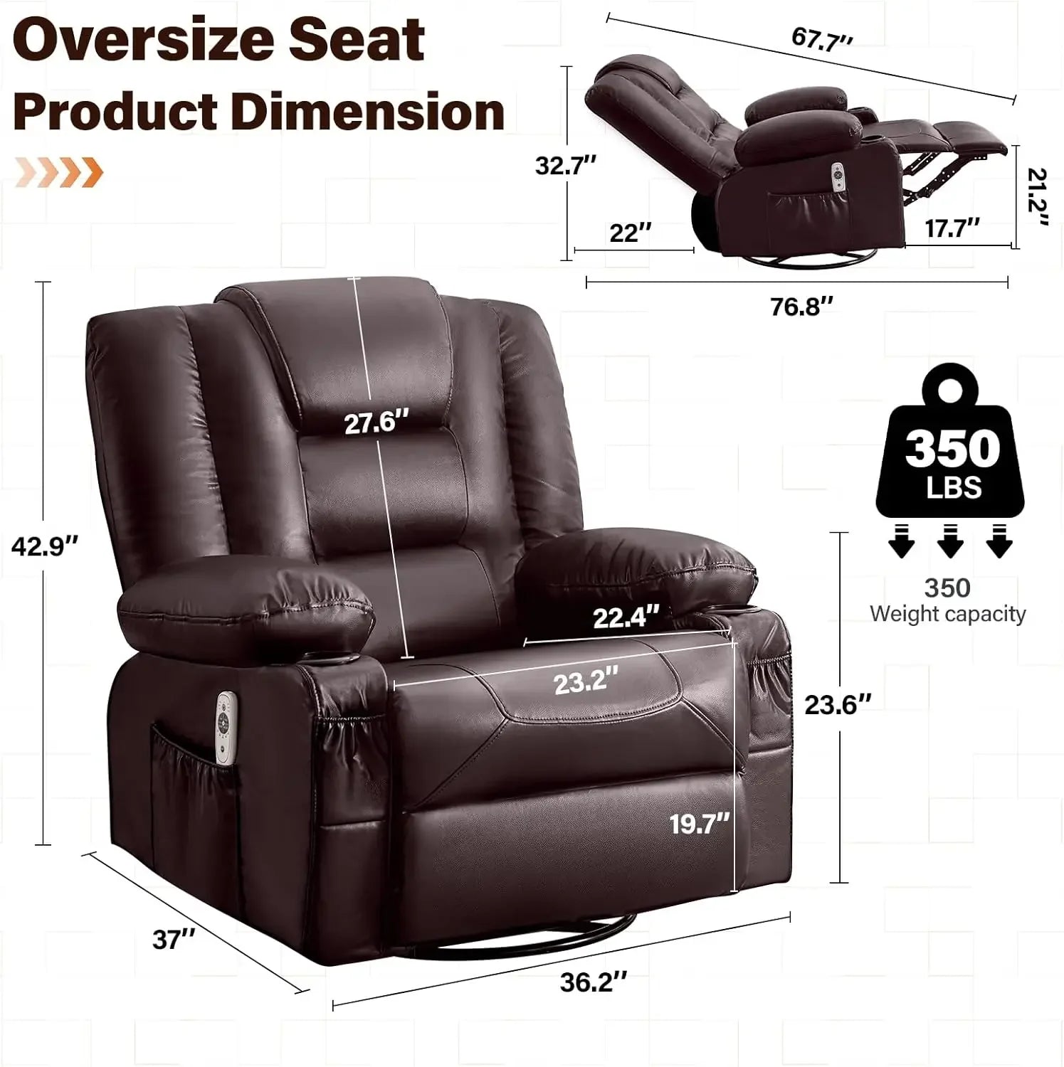 Swivel Rocker Recliner Chair with Vibration Massage and Heat for Living Room,with Rocking Function and Side Pocket, PU Leather U