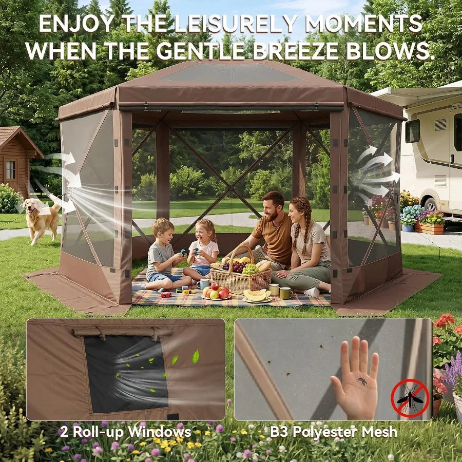Feet Canopy Tent, 6-Sided Gazebo with Detachable Top, Portable Camping Shelter with Mesh Windows, Screen House for Outdoor Pati