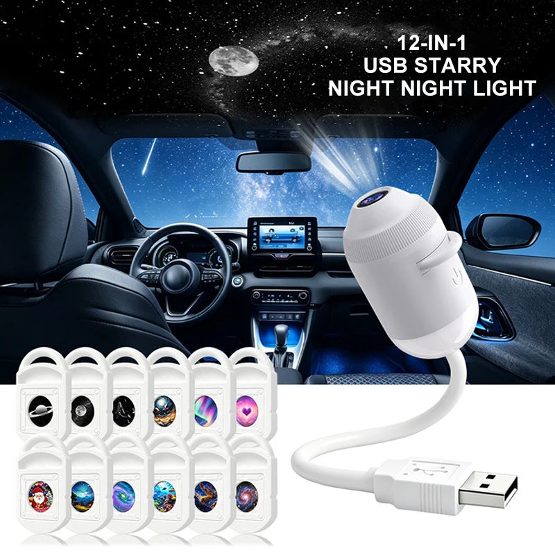 USB Starry Sky Projector Night Light 360° Bendable HD Galaxy Moon Planet Projection Lamp Plug Play Car Bedroom Projector Lamp