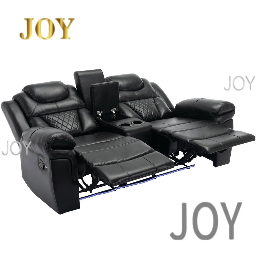 #￥Couple Manual Reclining Sofa Chair 2-seat Black Faux Leather Smart Electric Sofa Recliner Chair Supplier with Cup Holder LED