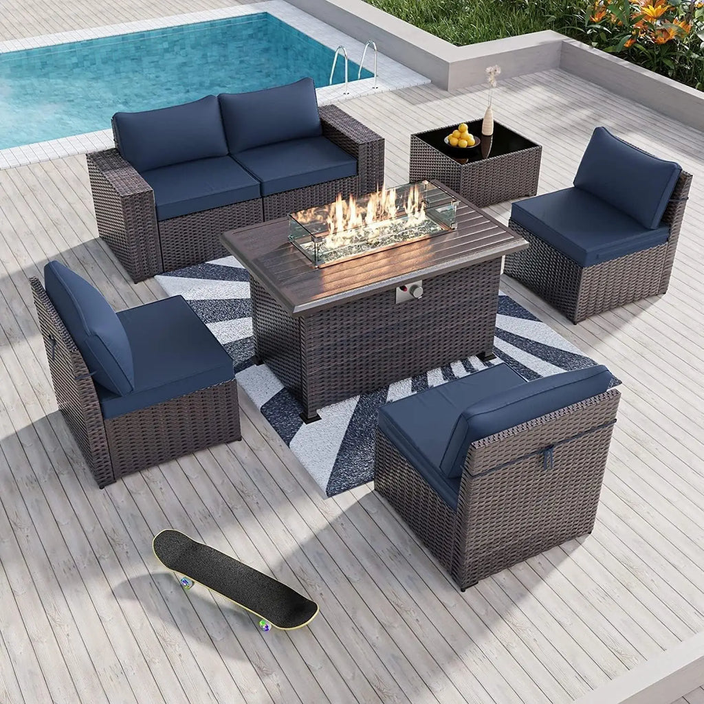 7 Piece Outdoor Wicker Patio Furniture Set with Fire Pit Table, Customized