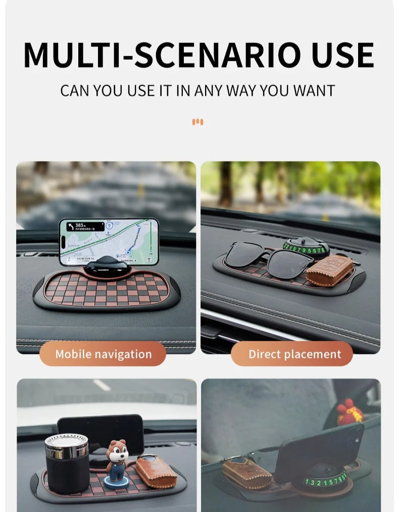 Multifunctional Plaid Anti-Slip Mat Car Phone Holder 360° Rotatable Temporary Parking Card Auto Accessories