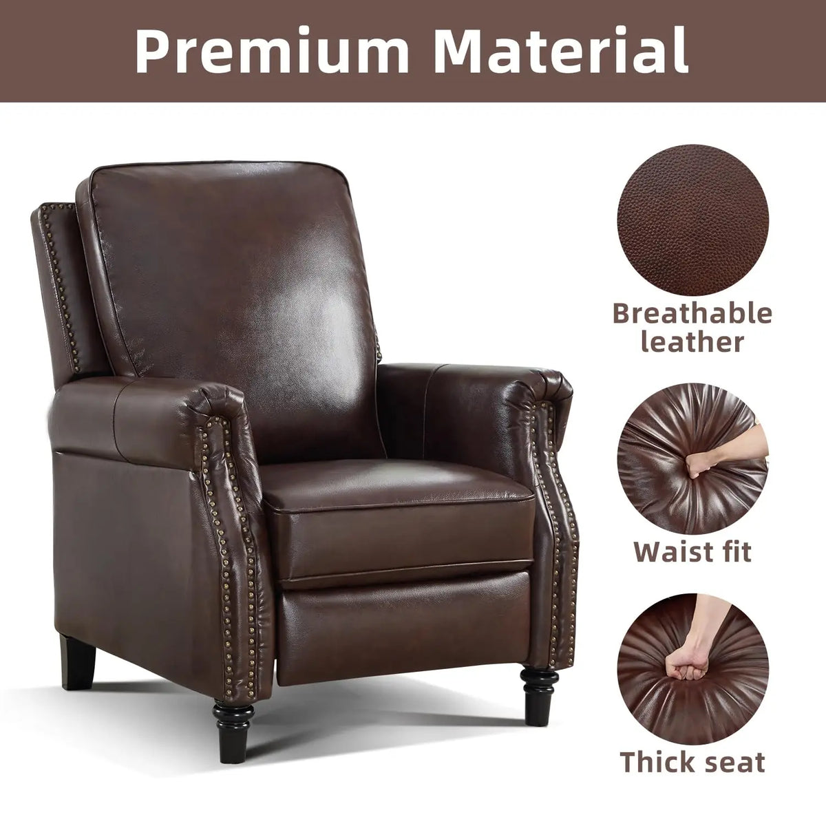 Genuine Leather Push Back Recliner with Padded Seat & Wingback, Rivet Single Sofa for Living Room, Dark Brown, Customized