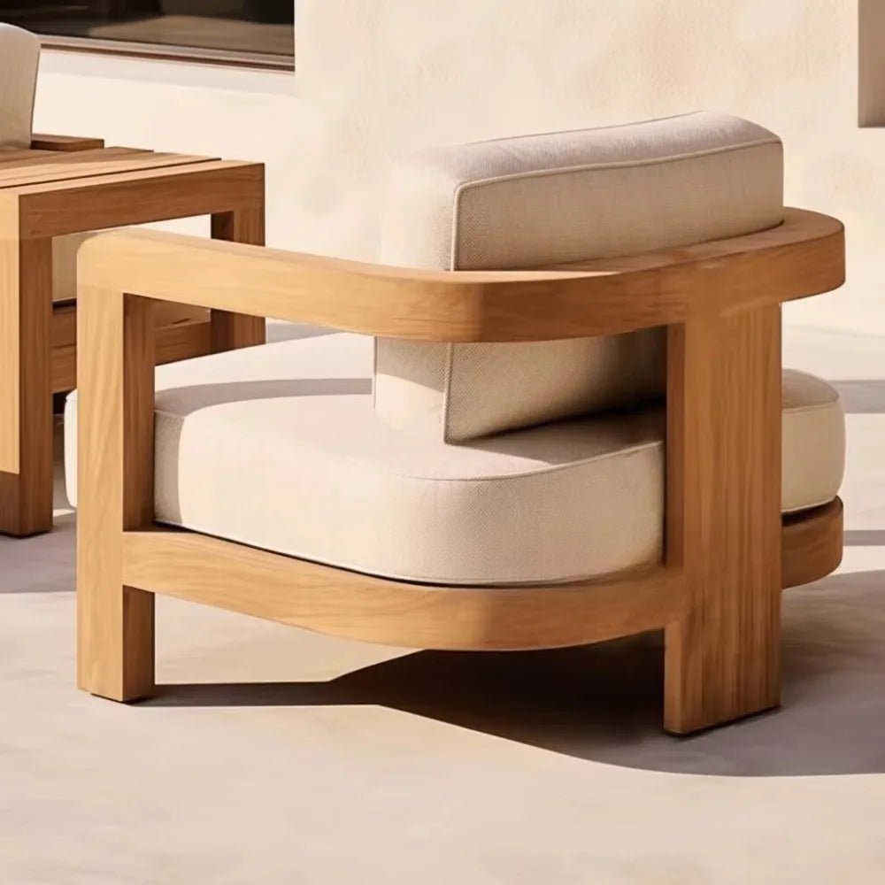 Luxury Outdoor Dining Set Teak Wood Dining Chair Natural Travertine Dining Table Waterproof Villa Patio Garden Furniture