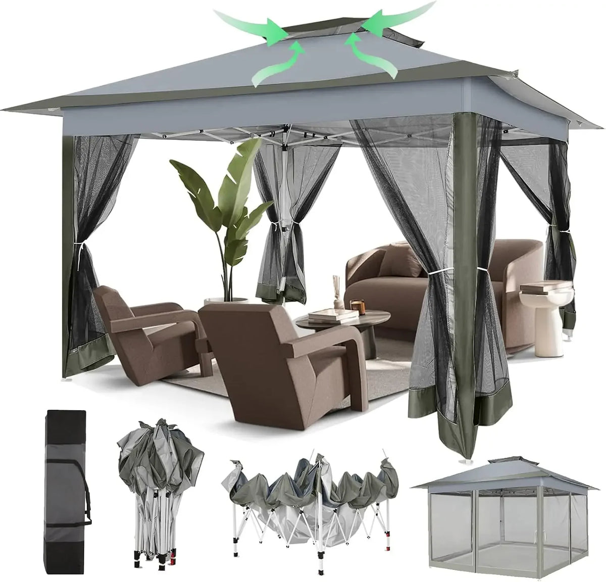 11x11 Pop Up Gazebo with Netting, Canopy Tent, Gray