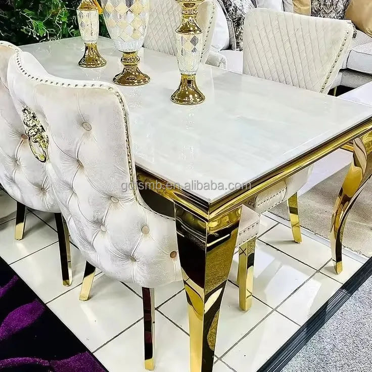 Italian Furniture Luxury Dining Table Set 4 6 8 Chairs Restaurant Dining Table and Chair Set Stainless Steel Marble Dining Table