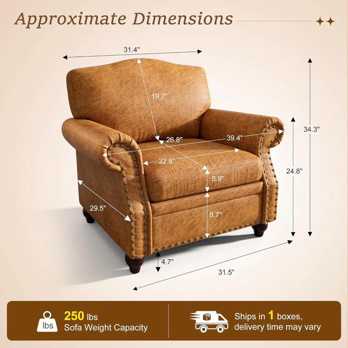 Faux Leather Accent Chairs Set of 2 with Rivet Design, Living Room Arm Chair with Rolled Arms and Nailhead, Large, Customized