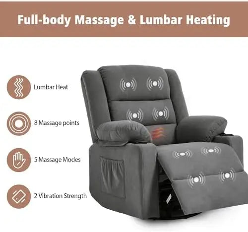 Swivel Rocker Recliner Chair for Adults with Massage and Heat, Cup Holders and Side Pockets, Glider Rocking Reclining