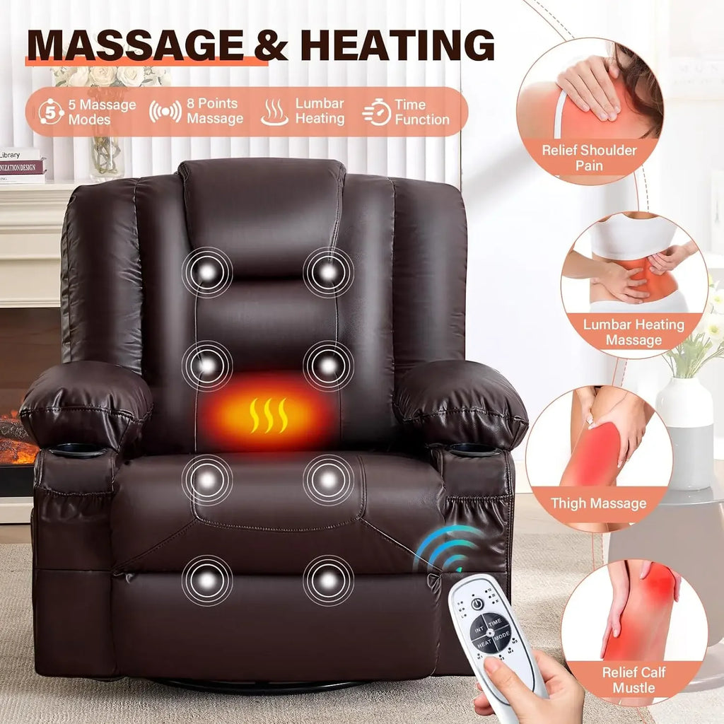 Swivel Rocker Recliner Chair with Vibration Massage and Heat for Living Room,with Rocking Function and Side Pocket, PU Leather U