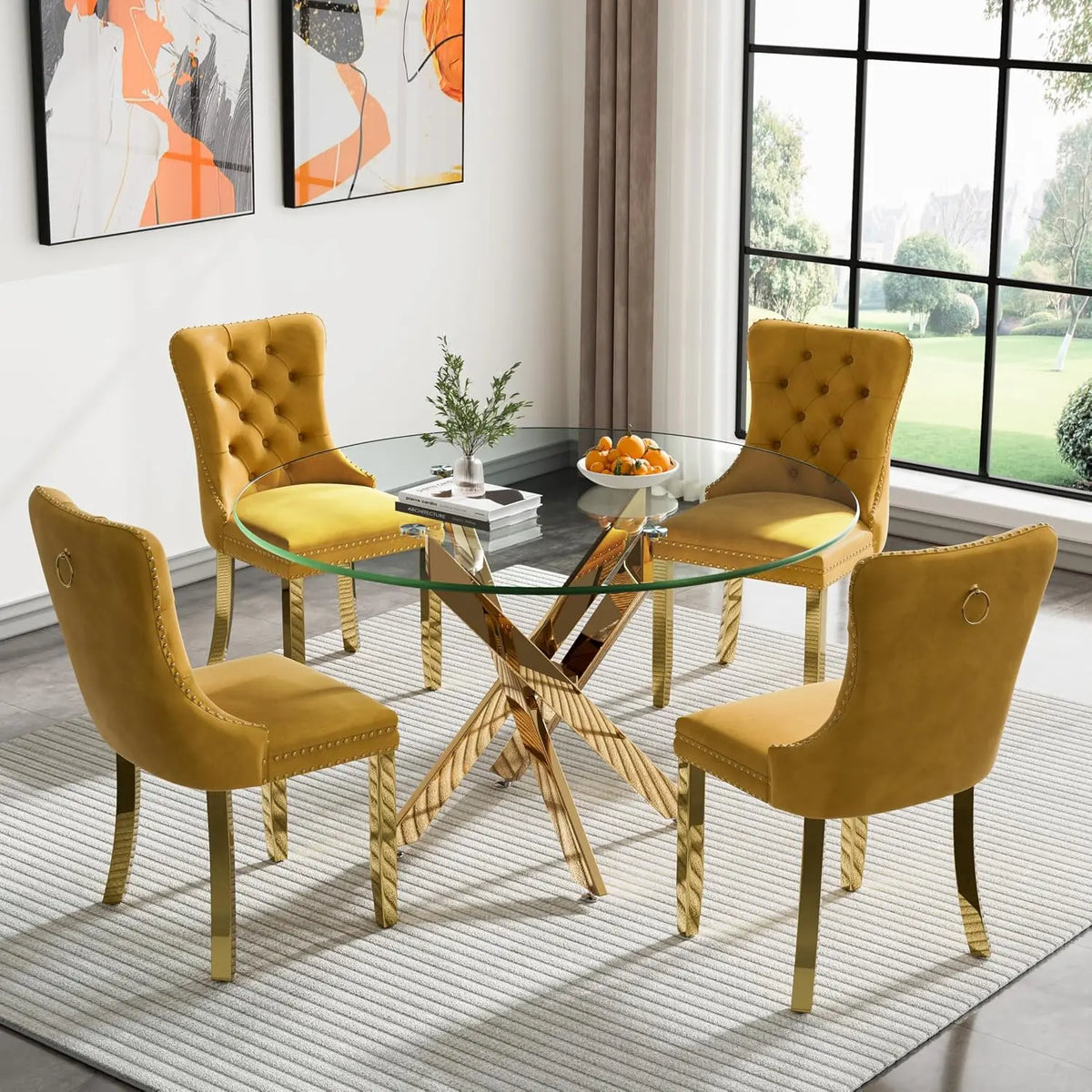 5-Piece Round Glass Dining Table Set for 4, 47.2" Circle Table with 4 Tufted Chairs for Kitchen Home Office, Customized