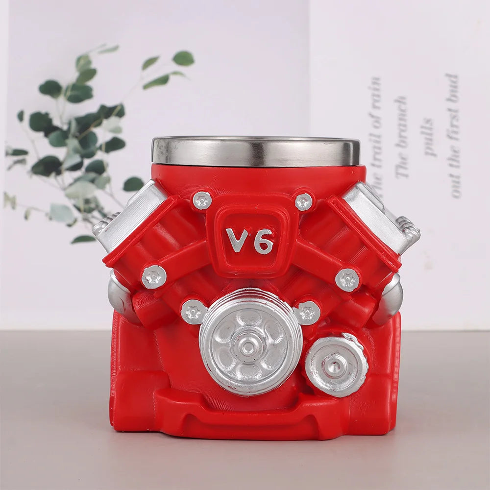 Retro Engine Coffee Mug with Handle 300ML 15oz V6 Engines Stainless Steel Cup Realistic Design Double Wall Insulation Car Mug