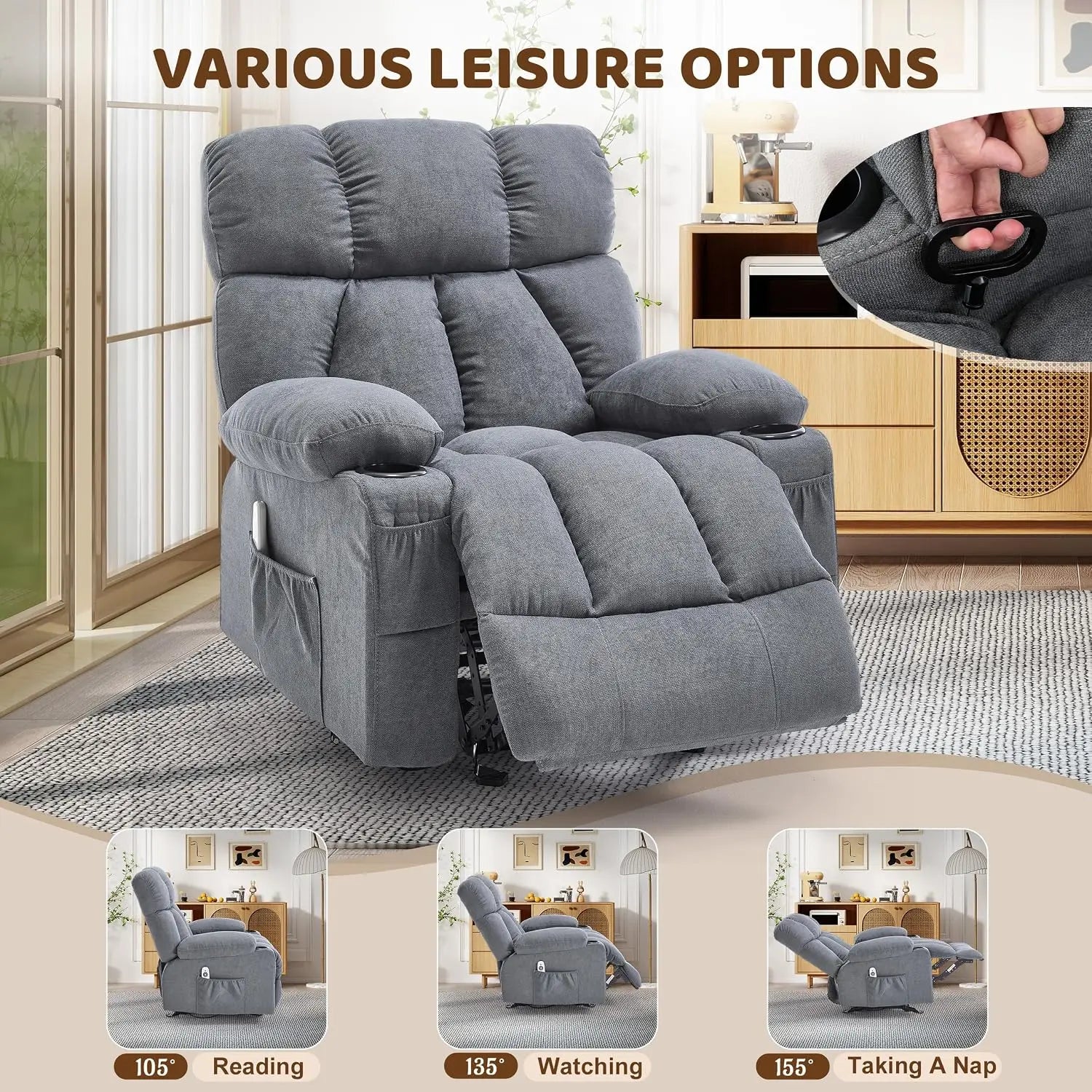 Massage Rocking Recliner Chair with Heat, USB, Cup Holders, Grey