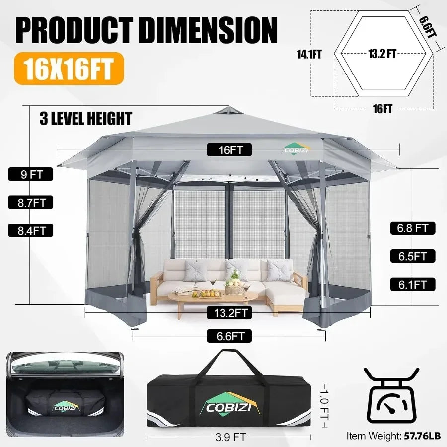 16x16 Pop Up Gazebo with Mosquito Netting, Hexagonal Screened Canopy