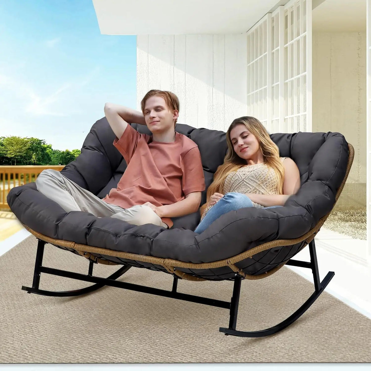 #Double Wide Rocking Chair with Cushion, Oversized Rattan Rocking Egg Chair Outdoor for 2, Extra Large 700, Customized