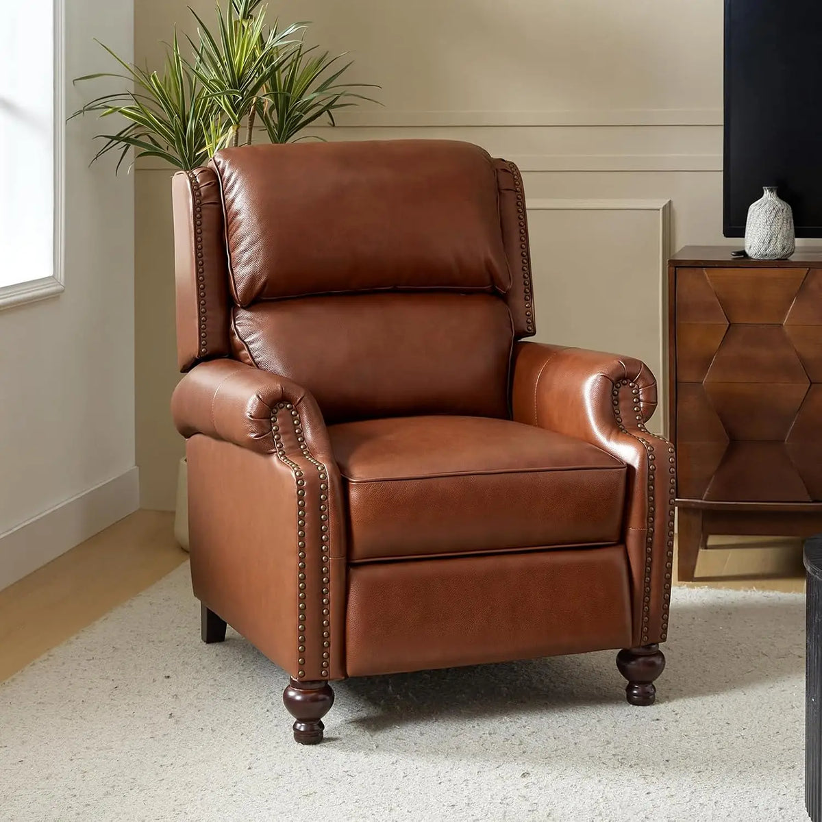 #Genuine Leather Wingback Recliner Thick Cushioned Seat Push Back Nailhead Trim Living Room Chair, Customized
