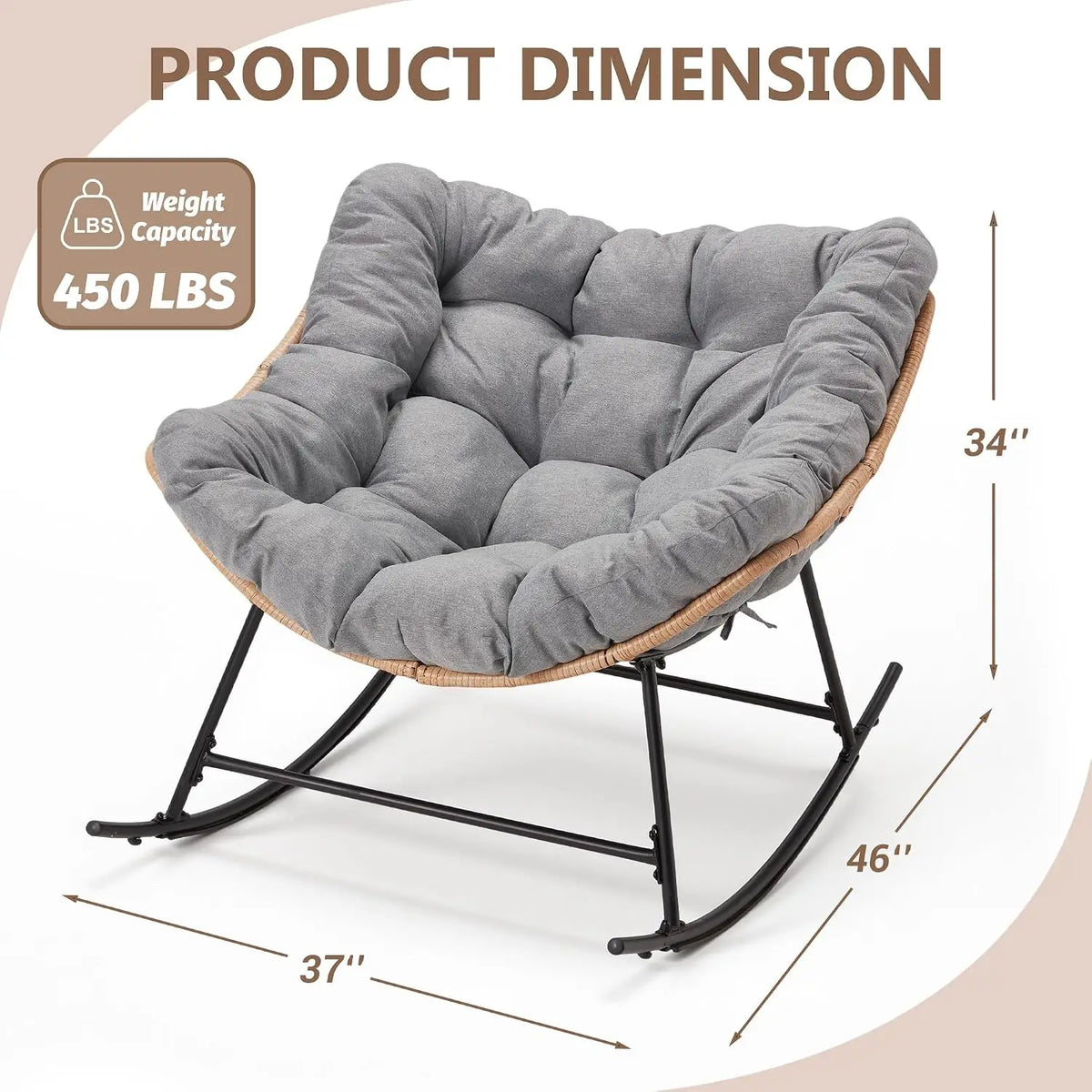 Thick Cushion Rattan Rocking Egg Chair with Straps for Patio Garden Balcony Lawn Backyard Living Room Bedroom 450lbs, Customized
