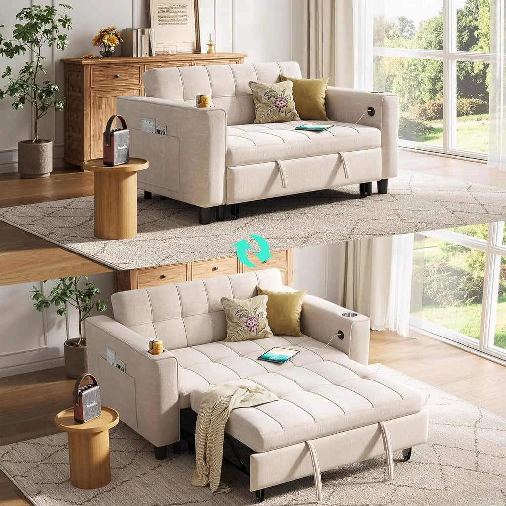 Sleeper Sofa Bed, 54' Pull Out Couch with Charging Station & Cup Holder, Small 3 in 1 Convertible Loveseat Sleeper Couch for Apa